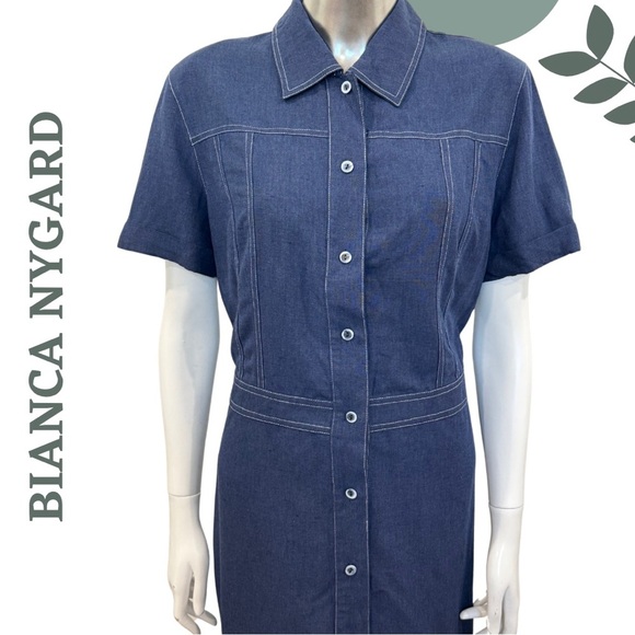 Short Sleeve Indigo Button-Up Dress by Bianca Nygard | Linen Blend | size 10 - Picture 4 of 8